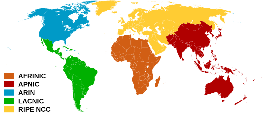 Regional Internet Registries world map