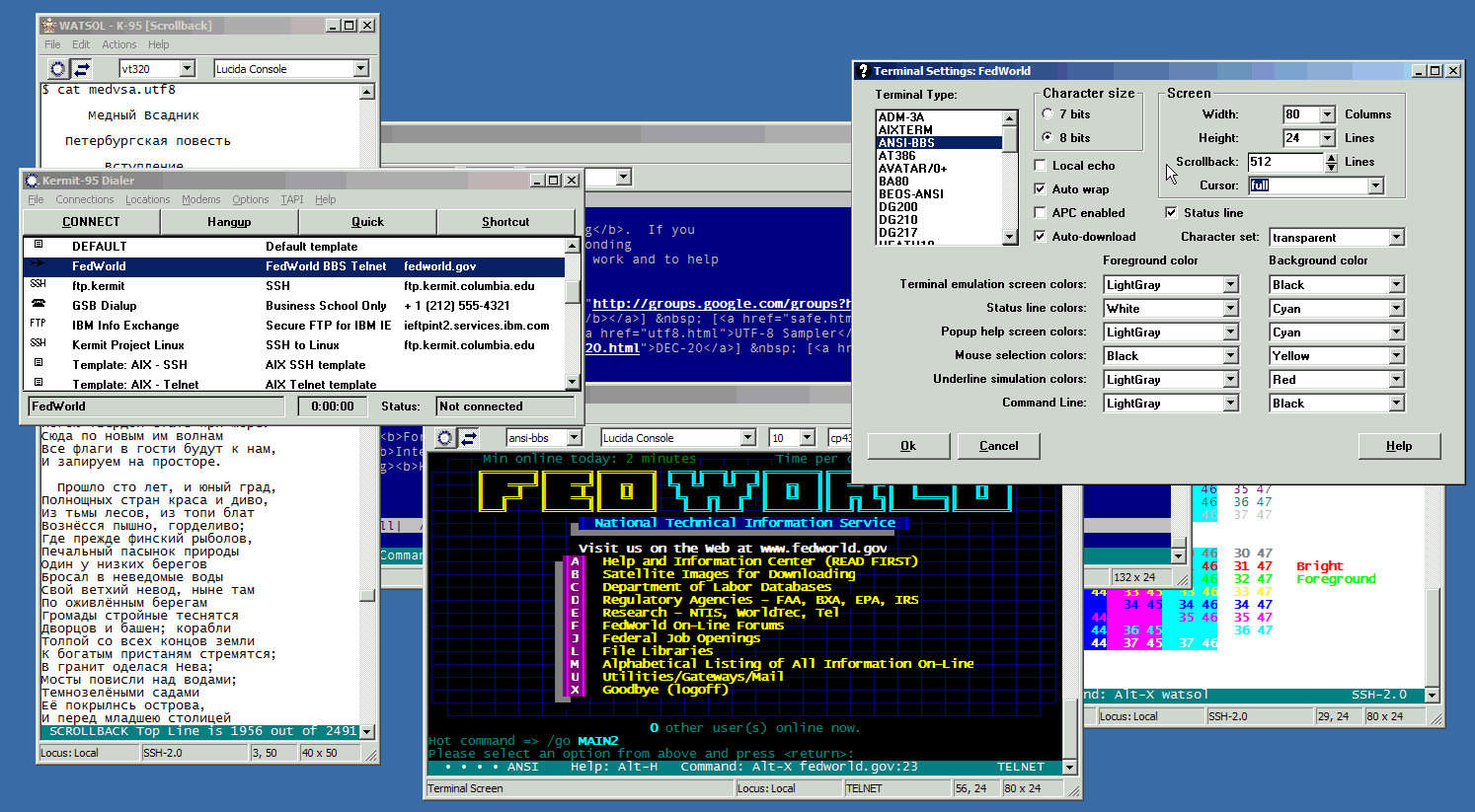 A portion of a typical Windows desktop showing the Kermit 95 2.0 Dialer and one of its Settings pages, along with several active K95 terminal sessions.