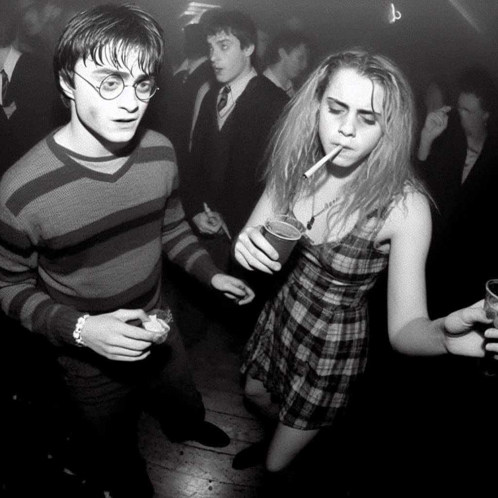 AI generated image of Harry and Hermione raving